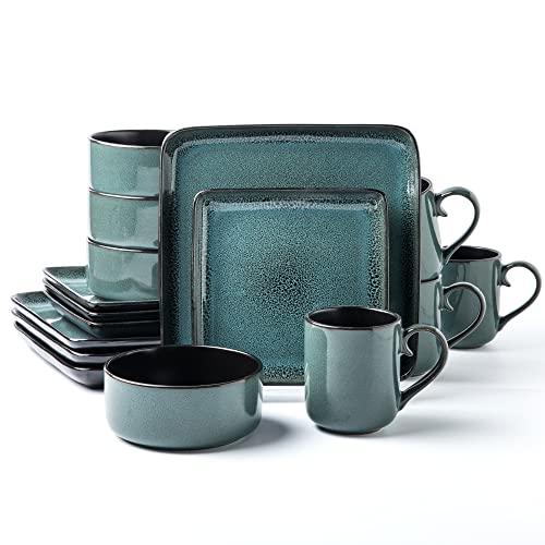 Arora FLACKAR Square Stoneware 16pc Dinnerware Set for 4, Dinner Plates, Side Plates, Cereal Bowls, Mugs - Reactive Glaze Turquoise (497248)