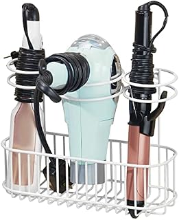 mDesign Hair Dryer Holder Shelf - Hair Dryer Storage Unit with Multiple Storage Slots - Wall-Mounted Hanging Basket and Compartments - White