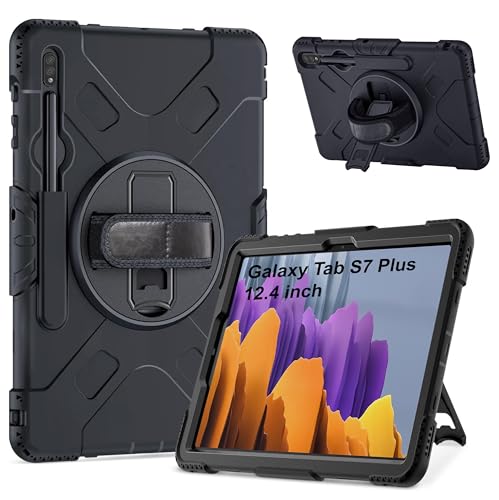 TGK Heavy Duty Hybrid Case for Samsung Galaxy Tab S7 Plus 12.4 Inch 2020 Shockproof Sturdy Cover with Rotating Stand, Handle and Pen Holder Black