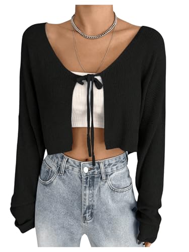Floerns Women's Tie Front Long Sleeve Lightweight Cropped Cardigan Sweaters