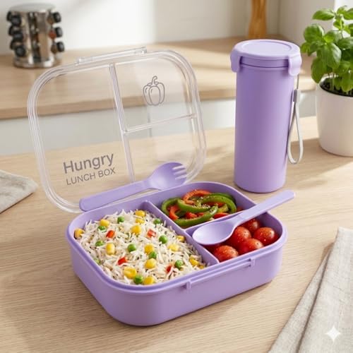 Image of Hungry Lunch Box with Water Bottle | Leakproof 3 Compartment Tiffin Box with Spoon, Fork & Sauce Container | BPA Free Food Grade Plastic | Microwave & Dishwasher Safe Lunch Box for School (Purple)