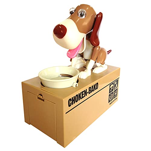 Hungry Dog Piggy Bank, Cute Dogs Steals Coins Like Magic Coin Munching Toy Money Box Birthday Gift for Kids (Brown-White)