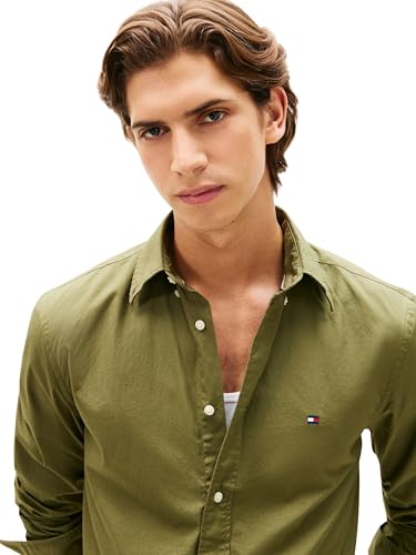 Tommy Hilfiger Herren Hemd Flex Poplin Solid Regular Fit, Grün (Dark Artichoke), XS – Ansicht 4
