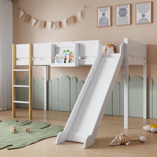 Merax Hochbett für Kinder, Etagenbett mit Rutsche und dreistufiger gerader Leiter, Abnehmbares Regal, Weiß+Natur, 90x200cm, Kiefer + MDF