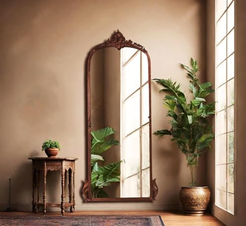Image of Full Length Mirror with Ornate Frame Tall Standing Floor Mirror for Bedroom, Dressing Room & Living Room (Vintage Copper (Without Stand))