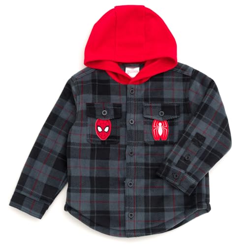 Marvel Spider-Man Plaid Flannel Hooded Shacket with Fleece Lining Toddler to Big Kid Sizes (3T - 14-16)