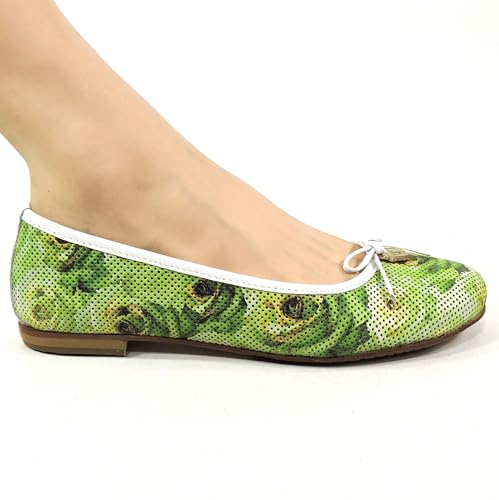 Women's Ballet Flats, Green Perforated Leather, Comfort Summer Loafers with White Bow Detail, Made in Italy4