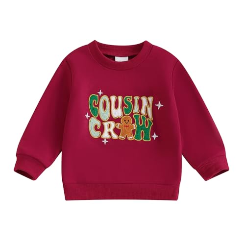 Baby Christmas Jumper Toddler Boys Girls Gingerbread Man Cousin Crew Print Sweatshirt Long Sleeve Pullover Top Kids Infant Christmas Outfit Xmas (Red Embroidery, 2-3 Years)