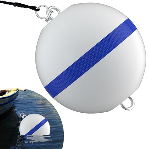 FHNI 12 Mooring Buoy White Ball Boat Buoy with Reflective Blue Stripe Includes D-Shackle and Rope for Boat Anchoring and Water Marking