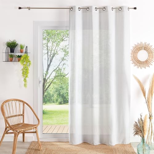 QABANE Plain Polycotton and Linen Voile Curtain with Eyelets - Oeko-Tex Fabric - Macrame Tape Top - Light and Fluid Material - Natural, Bohemia, Scandinavian Atmosphere - Size 140 x 260 cm - White