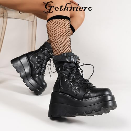 Image of Gothniero Platform Goth Ankle Boots for Womem Black Holographic Combat Chunky Heel Boots with Side Zip Lace Up Wedge Booties US5.5-11