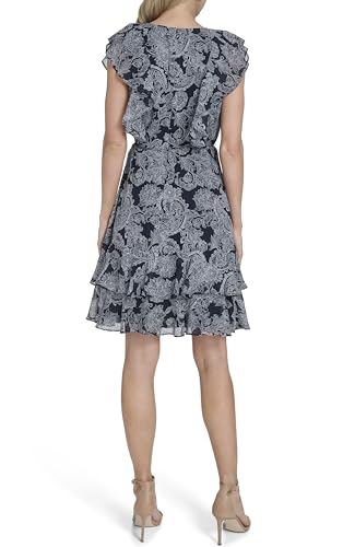 Image of Tommy Hilfiger Women's Sleeveless V-Neck Ruffle Trim Tie Waist Chiffon Mini Dress