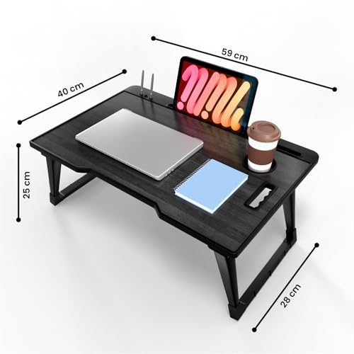 Image of Foldable Wooden Mini Laptop Table for Bed, Study Table with Drawer, Tablet /Mobile Holder for Kids & Adults (COTED Black)