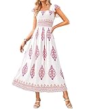BTFBM Summer Dresses for Women 2025 Floral Smocked Boho Sleeveless Square Neck A Line Casual Beach Maxi Dress Pockets(Floral White Rose Red, Small)