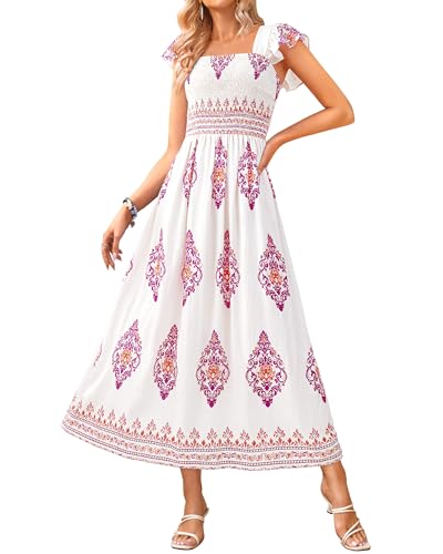 BTFBM Summer Dresses for Women 2025 Floral Smocked Boho Sleeveless Square Neck A Line Casual Beach Maxi Dress Pockets