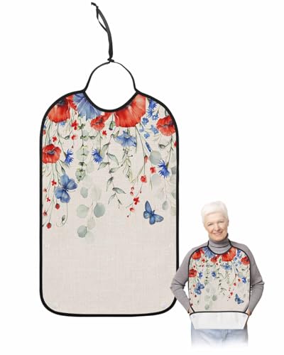 LEOKOTI Blue Red Spring Floral Adult Bibs for Eating, Waterproof Bibs with Food Catcher & Snap Closure, 4th of July Butterfly Botanical Rustic Washable Clothing Protectors Adult Bibs for Elderly