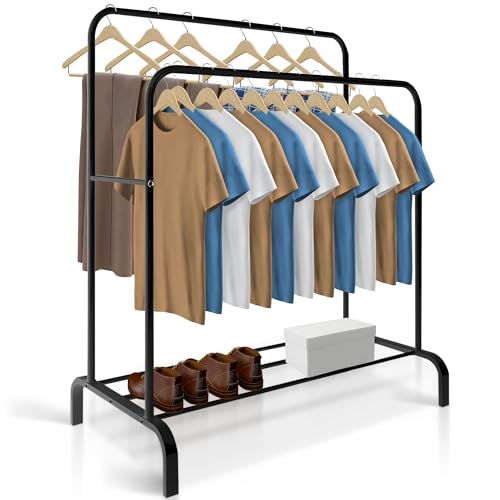 JUPPLIES Burro Ropa Resistente – Perchero Burro Doble con Soporte, 146x110x54cm, Metálico, Organizador de Ropa con Zapatero, Colgador para Vestidor y Dormitorio (Negro)