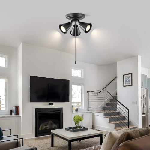 Image of 3‑Head Adjustable Ceiling Spot Light with Pull Chain, Matte Black Semi‑Flush Mount Ceiling Light Fixture, Multi‑Directional Rotatable Spotlight E26 for Hallway Kitchen Bedroom
