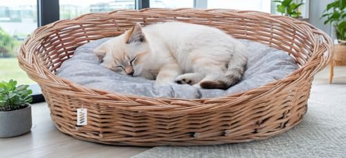 Wiklinowy Świat - Katzenbett Katzenkorb für Haustiere - Katzen Bett natürlich warm, atmungsaktiv und stilvoll - Verschiedene Größen 58x42x15cm - grau gepunktetes Kissen