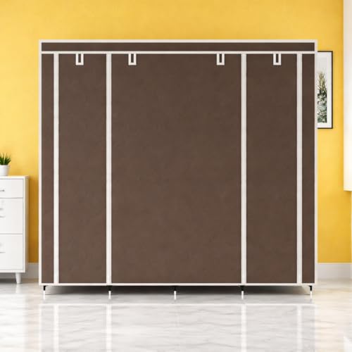 Image of Whitecloud 12-Shelf Collapsible Wardrobe | Portable Foldable Almirah with Fancy Layer Racks | Brown Cloth Storage Cupboard with Plastic Frame Organizer (Model 88370)