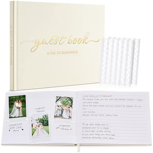 JARLINK Wedding Guest Book for Reception Beautiful Polaroid Sign-in Guestbook W/Clear Self-Adhesive Corners for Wedding Baby Shower or Special Day 100 Pages Blank and Lined Thick Paper Beige