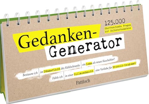 Gedanken-Generator: 125.000 überraschende Fragen zur Selbsterkenntnis | Spiralaufsteller quer mit dreigeteilten Seiten. Zufallsgenerator mit lustig-absurden Fragen zur Selbstreflexion.