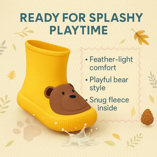 Toddler Rain Boots – Premium Rubber Kids Rain Boots for Boys & Girls with Non-Slip Soles – Children's EVA Outdoor Shoes - Beige Bear Paw Design2