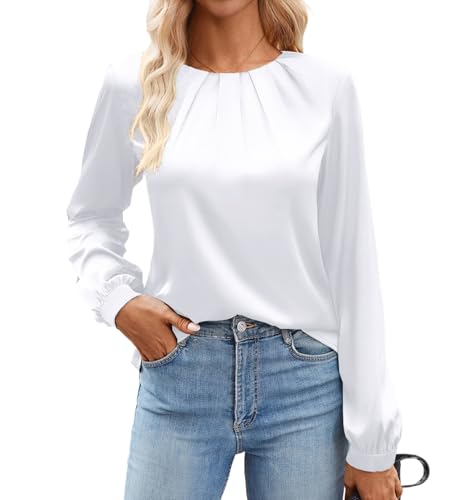 Bluetime Women's Silk Dressy Casual Business Blouse Pleated Long Sleeve Shirts Satin Office Work Tops Fall Outfits