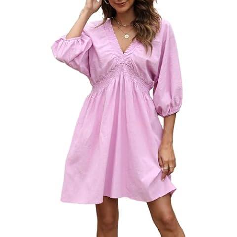 Ladyful Women's Cotton Linen Mini Dress V Neck A-Line Beach Sundress Purple Cover