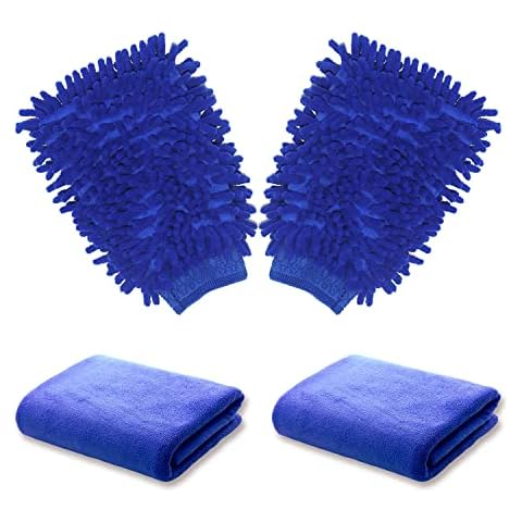 aghoer Car Wash Mitt, Microfibre Wash Mitt and Microfibre Drying Towel, For Car Care, Blue, 4 Pack Cover