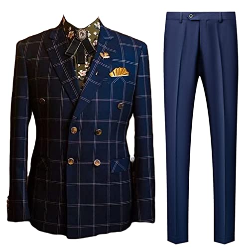 Ulnomio Men's 2 Pieces（Checked Blazer） Suit Double Breasted Buttons Peak Lapel Tuxedos for Prom Dinner