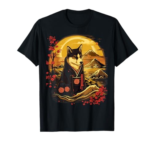 Vintage Japanese Art Samurai Black and tan Shiba Inu T-Shirt