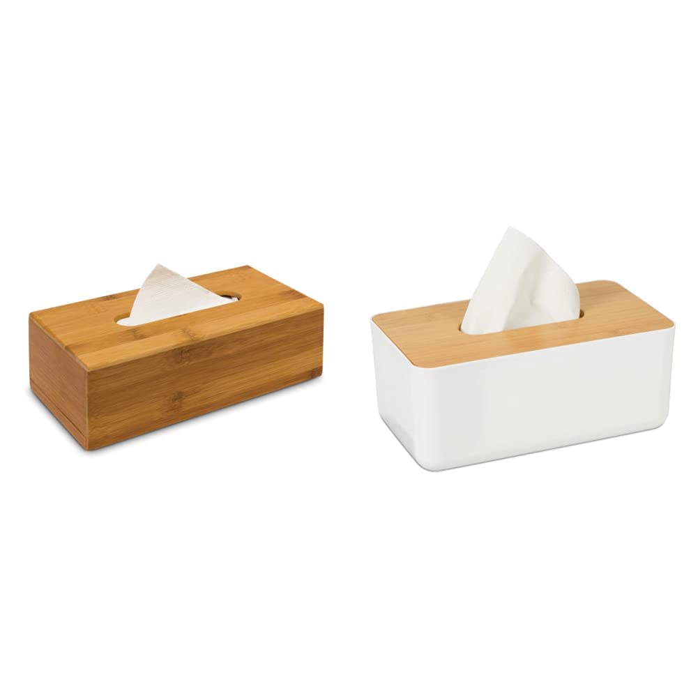 Relaxdays Kosmetiktücherbox aus Bambus HxBxT:7,5 x 24 x 12 cm Taschentuchspender, natur & Tücherbox mit Deckel aus Bambus, fürs Bad, modernes Design, Kunststoff, H x B x T: 10 x 23 x 13 cm, weiß/natur