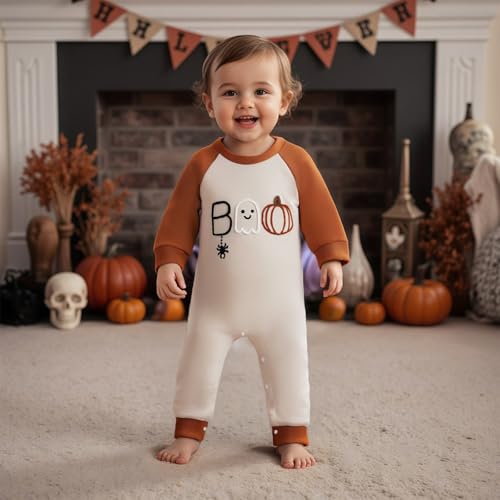 Bagilaanoe Newborn Baby Boy Halloween Outfit Pumpkin Boo Embroidery Long Sleeve Romper One Piece Jumpsuit Clothes2
