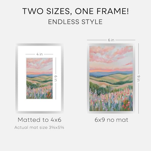 Image of Homeforia 6x9 Silver Picture Frame, High-End Metal, 4x6 Mat, Glass | High End Aluminum, Tempered Glass, Acid-Free 4x6 Removable Mat, 6x9 in Edge-to-Edge Display 9x6, Wall Kit, Set Of 2