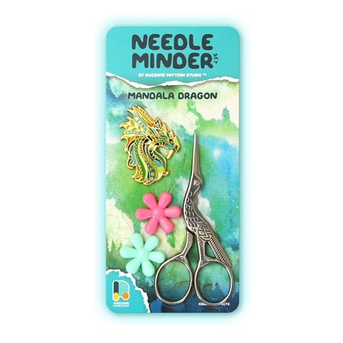 Awesome Pattern Studio Needle Minder Set - Mandala Dragon Magnetic Needle Minder + 2 Needle Threaders + Crane Scissors. Enamel Pin for Cross Stitch, Embroidery and Craft