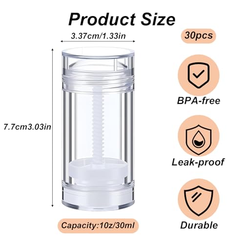 meleg otthon Empty Deodorant Containers, Twist Up Refillable Deodrant Containers Leak Proof Clear Deodorant Bottles Round Lip Balm Tubes for DIY Lipstick Crayon 30Pcs 30ml (Clear, 30ML)2