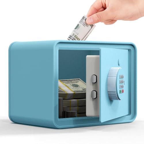 Kids Mini Safe Small Cash Box GoldenKey Blue Macaron 7x9.4x6.3 Money Security Safe with Coin & Bill Slot Keypad & Key Lock USB Backup DIY Stickers Piggy Bank for Home
