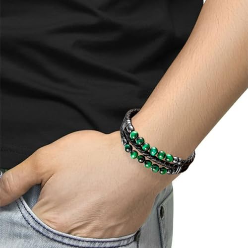 Pulsera trenzada de cuero para hombre con piedras Ojo de Tigre miniatura 2