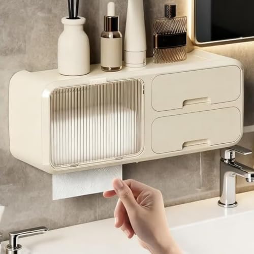 Toilet Paper Holder with Shelf Toilet Tissue Box Wipes Dispenser for Bathroom Toilet Paper Holder with Storage Upgrade Drawer Design Toilet Tissue Holder Adhesive Small Bathroom Shelf Wall Mount