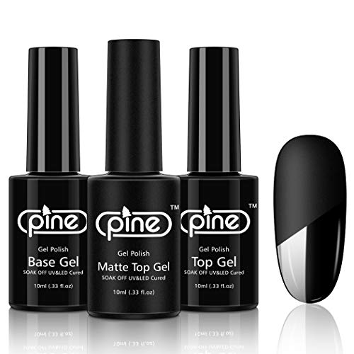 GeViaHo Pine No Wipe High Glossy Top Coat Matte Top Coat and Base Coat Gel Nail Polish Set 3x10ml Soak Off UV LED Gel for Long Lasting Gel Manicure