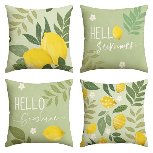 AVOIN colorlife Hello Summer Lemon Floral Green Throw Pillow Covers 18 x 18 Inch Hello Sunshine Eucalyptus Leaves Polka Dot Holiday Seasonal Cushion Case Decorations Set of 4
