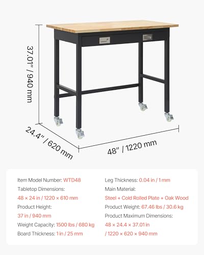 Image of VEVOR 48-inch Workbench, 1500 lbs Load Capacity, Garage Workbench with Drawer Storage & Wheels, Workshop Bench on Wheels, Heavy Duty Oak Wood Top Work Table for Garage, Workshop, Office, and Home