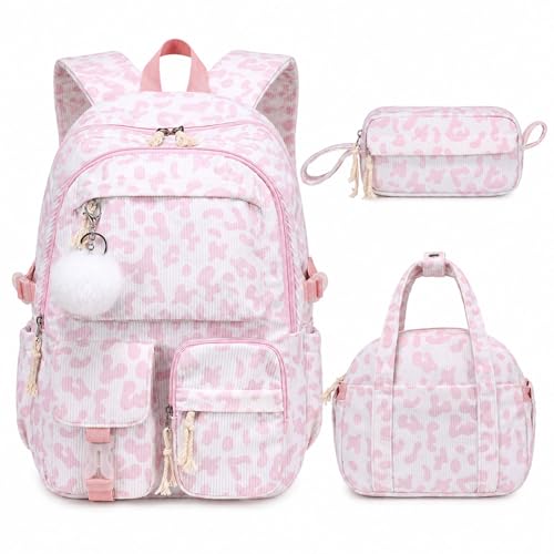 Similove Backpack for Girls 3PCS Corduroy Girls Schoolbag Set with Lunch Bag & Pencil Pouch Lightweight Teen Girl Backpacks for Elementary Middle High School Bookbag Laptop Bag Travel Daypack