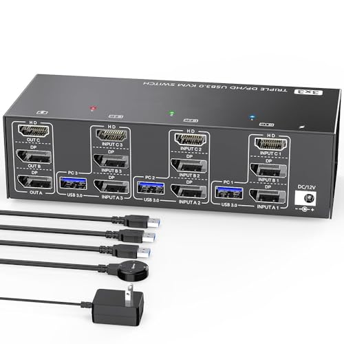 Switcher KVM compatible avec HDMI 8K 60Hz triple écran DP USB 3.0 pour 3 PC souris clavier