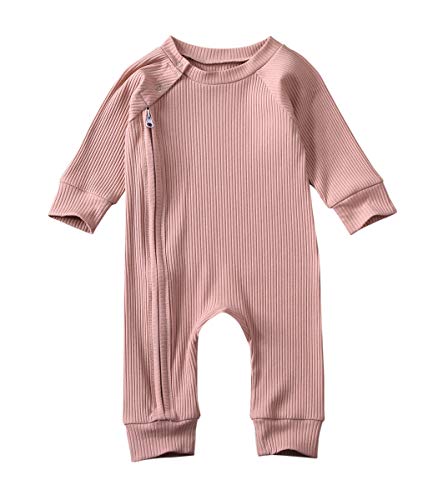 ITFABS Newborn Baby Boy Girl Long Sleeve Rompers Knit Solid Jumpsuits Pajamas Footless Sleeper Coveralls Toddler Clothes (Pink, 3-6 Months)