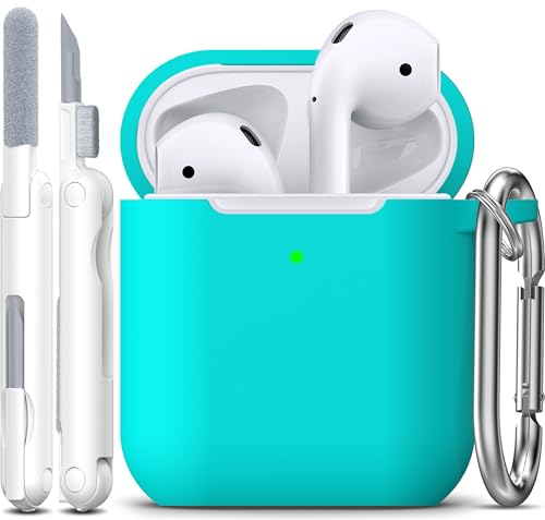 Image of AirPods Case Cover with Keychain, R-fun Full Protective Silicone AirPods Accessories Skin Cover for Women Girl with Apple AirPods Wireless Charging Case,Front LED Visible-Teal