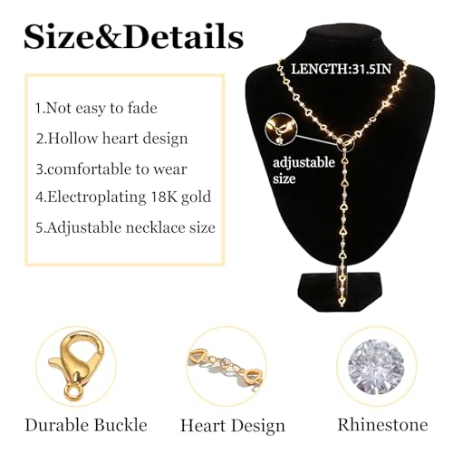 JGVG Long Lariat Necklaces for Women, Colorful Y Shape Stack Rhinestone Jewelry, Summer Boho Necklace, Adjustable V Neck Necklace for Women Elegant (Gold Heart) - image 7