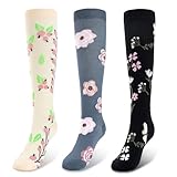 YOYOU 3 Pairs Floral Knee High Compression Socks for Women, Funny Cute Novelty Breathable Support Stockings for Nurse, Pregnant, Travel Flight, Athletic