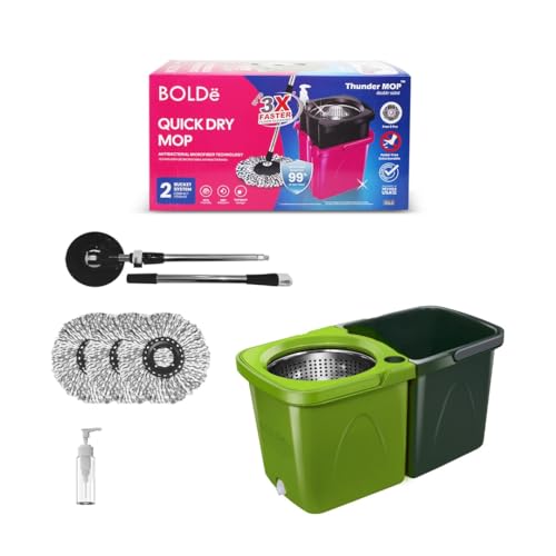 BOLDë Thunder Mop Spin System -Double-Sided- 2 Compact Stackable 6L Buckets, Microfiber Head, Stainless Steel Wringer, Antifungal Quick-Dry Cleaning, Soap Dispenser, 3 Free Refills (Lime/Forest Green)